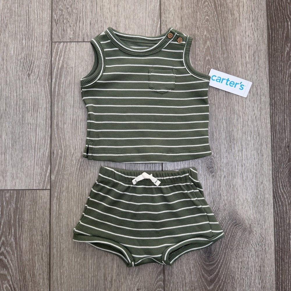 CARTERS 2PC SLEEVELESS TANK TOP AND SHORTS OUTFIT SET GREEN STRIPE 3MO NWT